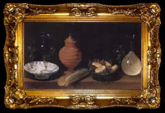 framed  Juan van der Hamen y Leon Style life with glasses of ceramics and Geback, ta009-2